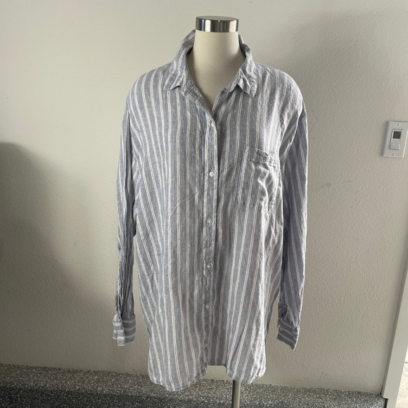 Old Navy Tops - Old Navy Womens Plus XXL Tall Boyfriend Shirt Grey White Striped Linen Blend Top